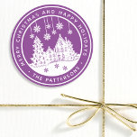 Merry Christmas Happy Holidays Winter Personalised Classic Round Sticker<br><div class="desc">Merry Christmas Happy Holidays Winter Personalised Name Stickers Labels features the text "Merry Christmas and Happy Holidays" in modern white script on a purple background and personalised with your name surrounding a home with Christmas trees and snowflakes. Perfect for Christmas party favours and Holiday gifts or in the office for...</div>