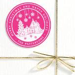 Merry Christmas Happy Holidays Winter Personalised Classic Round Sticker<br><div class="desc">Merry Christmas Happy Holidays Winter Personalised Name Stickers Labels features the text "Merry Christmas and Happy Holidays" in modern white script on a pink background and personalised with your name surrounding a home with Christmas trees and snowflakes. Perfect for Christmas party favours and Holiday gifts or in the office for...</div>