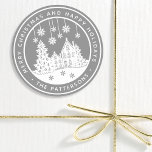 Merry Christmas Happy Holidays Winter Personalised Classic Round Sticker<br><div class="desc">Merry Christmas Happy Holidays Winter Personalised Name Stickers Labels features the text "Merry Christmas and Happy Holidays" in modern white script on a silver background and personalised with your name surrounding a home with Christmas trees and snowflakes. Perfect for Christmas party favours and Holiday gifts or in the office for...</div>