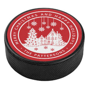 Merry Christmas Happy Holidays Winter Personalised Hockey Puck