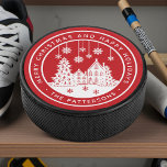 Merry Christmas Happy Holidays Winter Personalised Hockey Puck<br><div class="desc">Merry Christmas Happy Holidays Winter Personalised Name Hockey Puck features the text "Merry Christmas and Happy Holidays" in modern white script on a red background and personalised with your name surrounding a home with Christmas trees and snowflakes. Perfect for Christmas party favours and Holiday gifts. Designed by ©Evco Studio www.zazzle.com/store/evcostudio...</div>