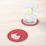 Merry Christmas Happy Holidays Winter Personalised Paper Coaster<br><div class="desc">Merry Christmas Happy Holidays Winter Personalised Name Paper Coasters features the text "Merry Christmas and Happy Holidays" in modern white script on a red background and personalised with your name surrounding a home with Christmas trees and snowflakes. Perfect for Christmas and holiday parties. Designed by ©Evco Studio www.zazzle.com/store/evcostudio</div>