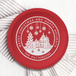 Merry Christmas Happy Holidays Winter Personalised Paper Plate<br><div class="desc">Merry Christmas Happy Holidays Winter Personalised Name Paper Party Plates features the text "Merry Christmas and Happy Holidays" in modern white script on a red background and personalised with your name surrounding a home with Christmas trees and snowflakes. Perfect for Christmas party favours and Holiday gifts or in the office...</div>