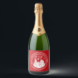Merry Christmas Happy Holidays Winter Personalised Sparkling Wine Label<br><div class="desc">Merry Christmas Happy Holidays Winter Personalised Name sparkling wine Labels features the text "Merry Christmas and Happy Holidays" in modern white script on a red background and personalised with your name surrounding a home with Christmas trees and snowflakes. Perfect for Christmas party favours and Holiday gifts. Designed by ©Evco Studio...</div>
