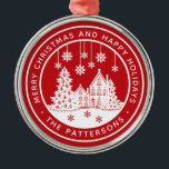 Merry Christmas Happy Holidays Winter Personalized Metal Tree Decoration<br><div class="desc">Merry Christmas Happy Holidays Winter Personalized Name Ornaments features the text "Merry Christmas and Happy Holidays" in modern white script on a red background and personalized with your name surrounding a home with Christmas trees and snowflakes. Perfect for Christmas party favors and Holiday gifts. Designed by ©Evco Studio www.zazzle.com/store/evcostudio</div>