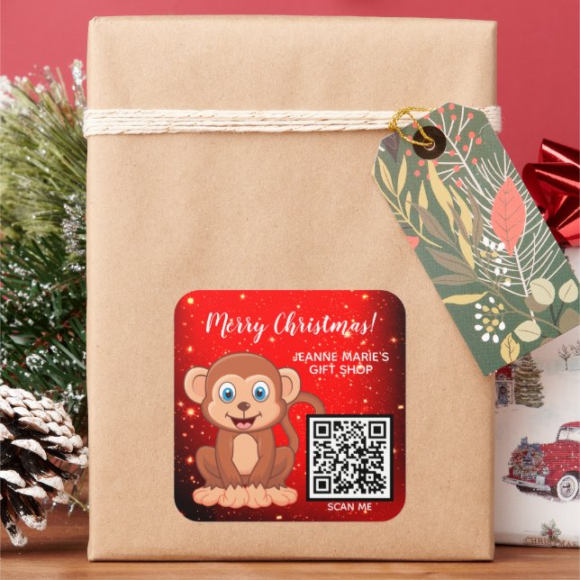 Merry Christmas Happy Monkey QR Code Square Sticker (Holiday)