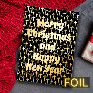 Merry Christmas Happy Near Year cross black & gold Foil Holiday Card