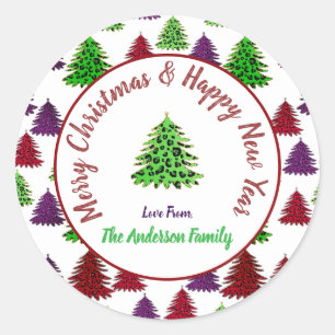 Merry Christmas & Happy New Christmas Trees Custom Classic Round Sticker