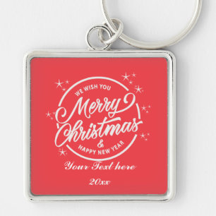 Merry Christmas & Happy New Yea, White Typography Key Ring