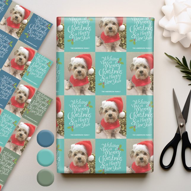 Merry Christmas Happy New Year - 1 Photo Whimsical Wrapping Paper Sheet (Personalized Photo Wrapping Paper)