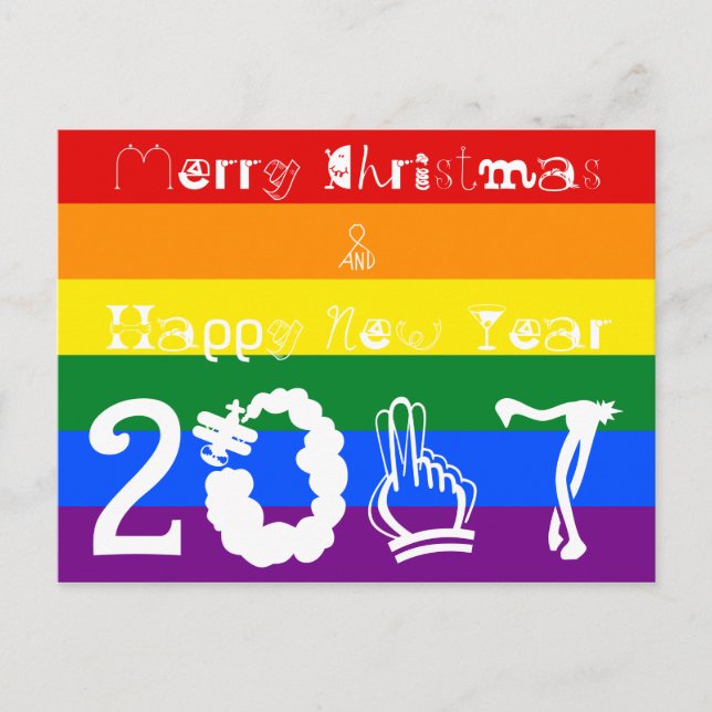 Merry Christmas Happy New Year 2017 Rainbow Flag Holiday Postcard (Front)