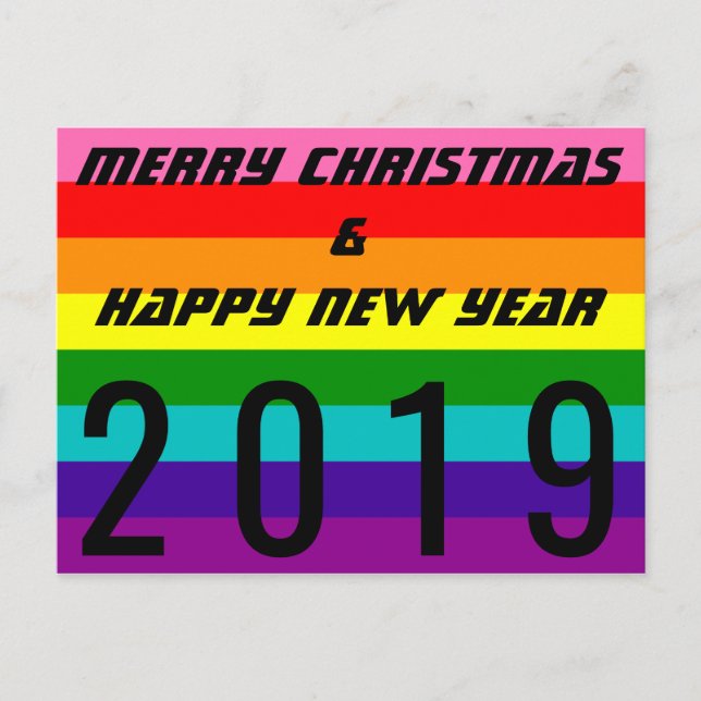 Merry Christmas Happy New Year 2019 Rainbow Flag Holiday Postcard (Front)