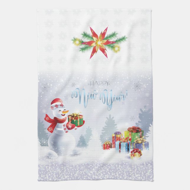 Merry Christmas & Happy New Year 2022 XMAS Snowman Tea Towel (Vertical)