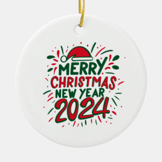 Merry Christmas Happy New Year 2024 Ceramic Tree Decoration