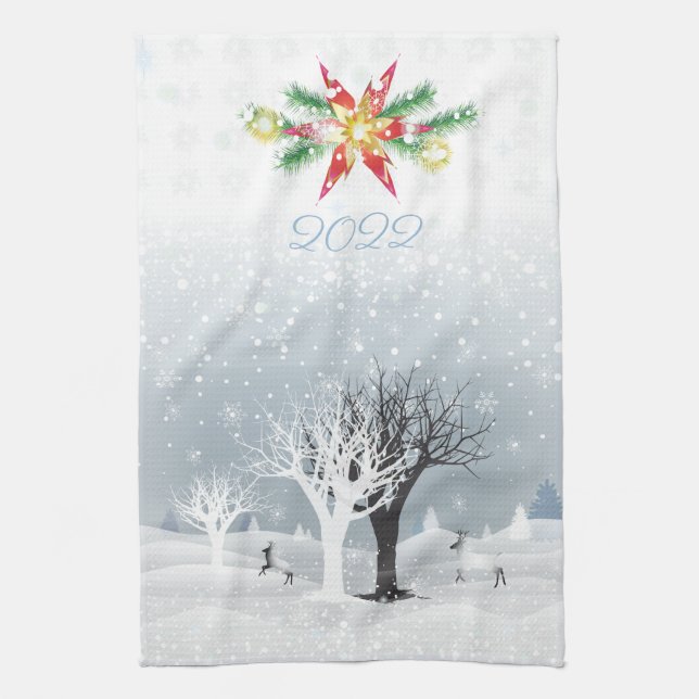 Merry Christmas & Happy New Year! 2024 XMAS Snow K Tea Towel (Vertical)