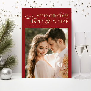 Merry Christmas Happy New Year 2 Photos Red Foil Holiday Card