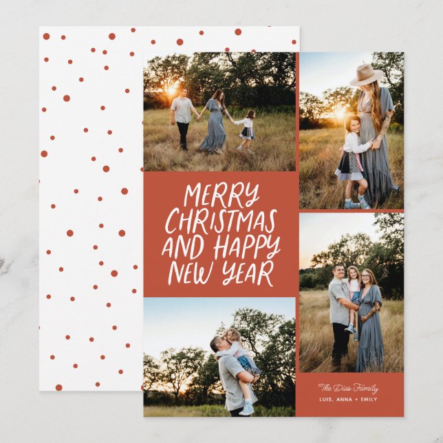 Merry Christmas Happy New Year 4 Photo Collage Hol Holiday Card (Front/Back)