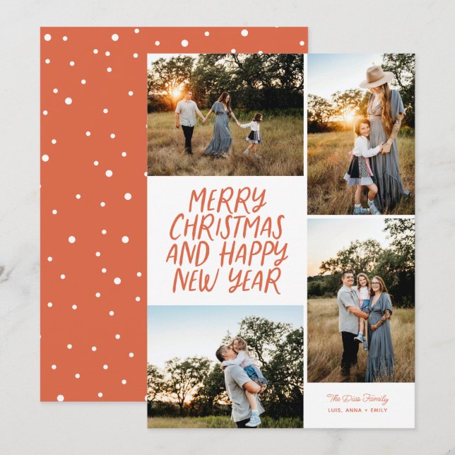 Merry Christmas Happy New Year 4 Photo Collage Red Holiday Card (Front/Back)