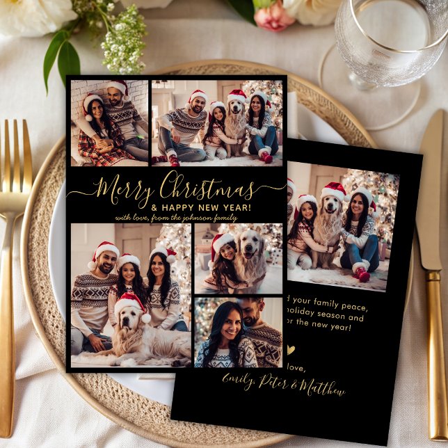 Merry Christmas Happy New Year 5 Photo Collage Holiday Card (Creator Uploaded)