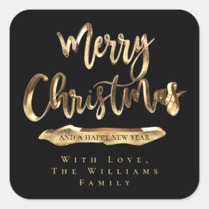 Merry Christmas Happy New Year Black and Gold Square Sticker