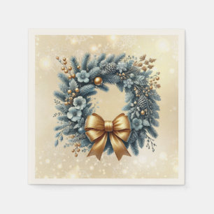 Merry Christmas  Happy New Year Blue Gold Wreath Napkin