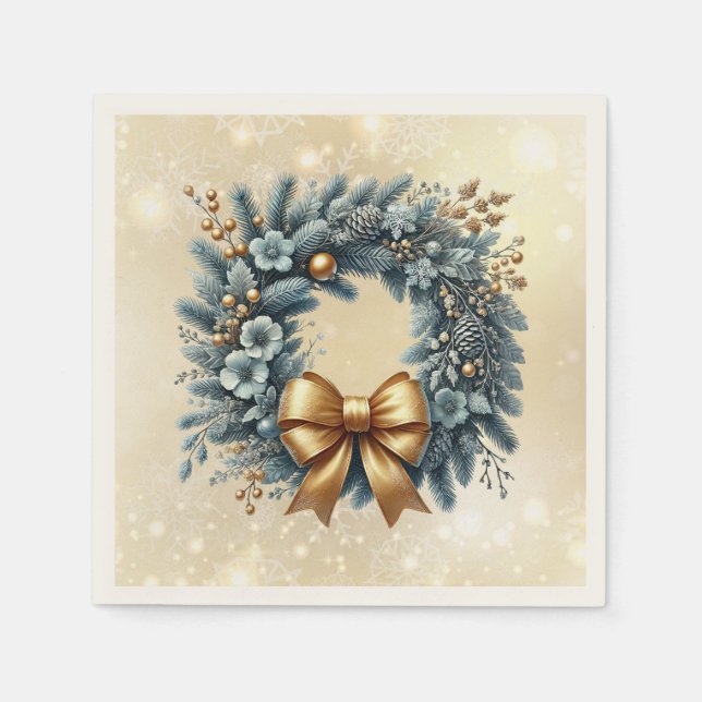 Merry Christmas  Happy New Year Blue Gold Wreath Napkin (Front)