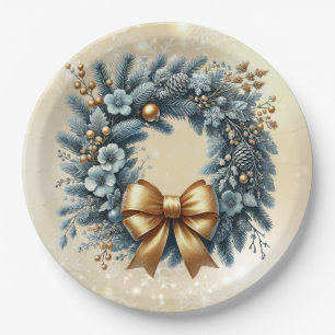 Merry Christmas Happy New Year Blue Gold Wreath Paper Plate