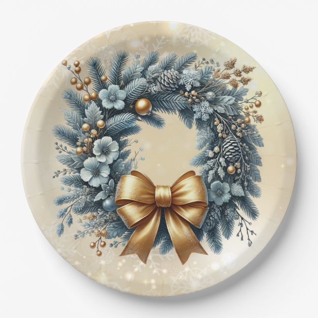 Merry Christmas  Happy New Year Blue Gold Wreath Paper Plate (Front)