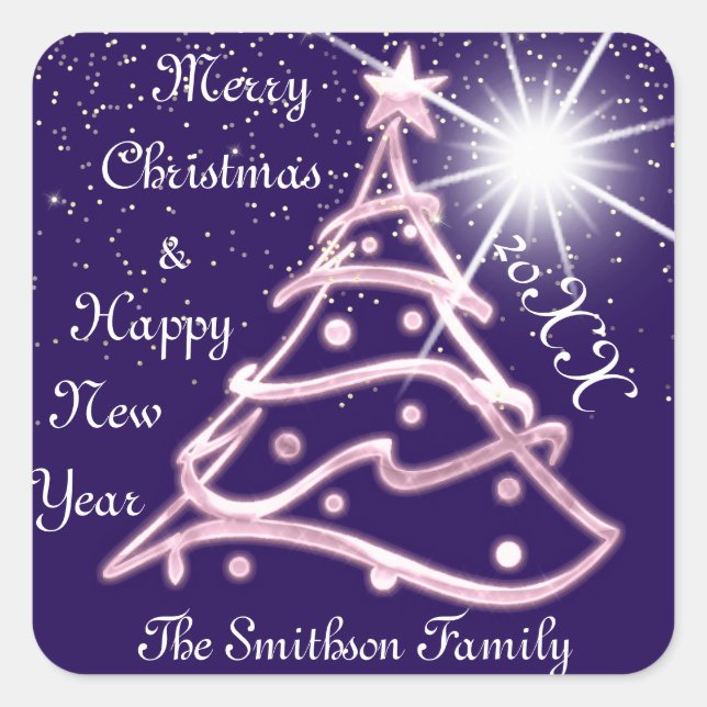 Merry Christmas & Happy New Year BLue Navy Pink Square Sticker (Front)