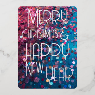 Merry Christmas Happy New Year Blue Pink Glitter Foil Holiday Card