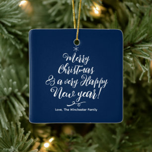 Merry Christmas Happy New Year blue script photo Ceramic Ornament