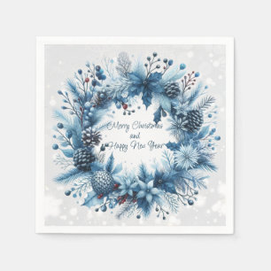 Merry Christmas  Happy New Year Blue Wreath Napkin