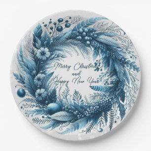 Merry Christmas Happy New Year Blue Wreath Paper Plate