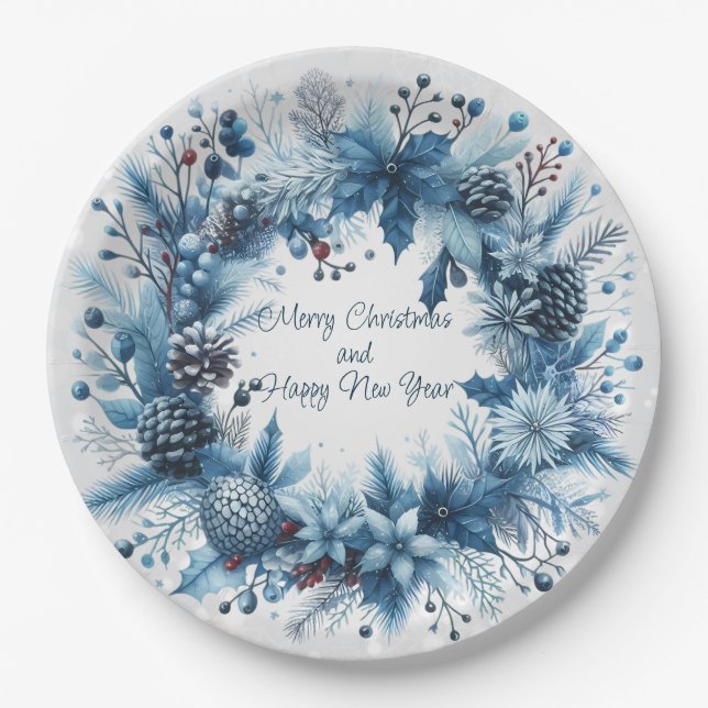 Merry Christmas  Happy New Year Blue Wreath Paper Plate (Front)