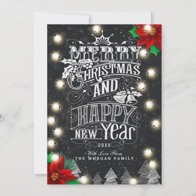 Merry Christmas Happy New Year Bokeh String Lights Holiday Card (Front)