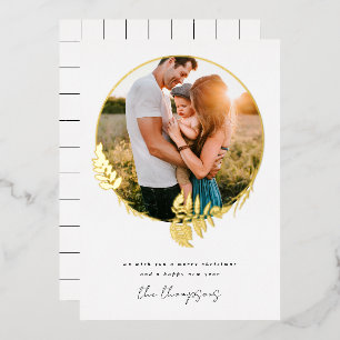 Merry Christmas Happy New Year Botanical Photo Foil Holiday Card