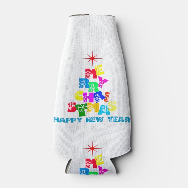 Merry Christmas Happy New Year Bottle Cooler (Front)