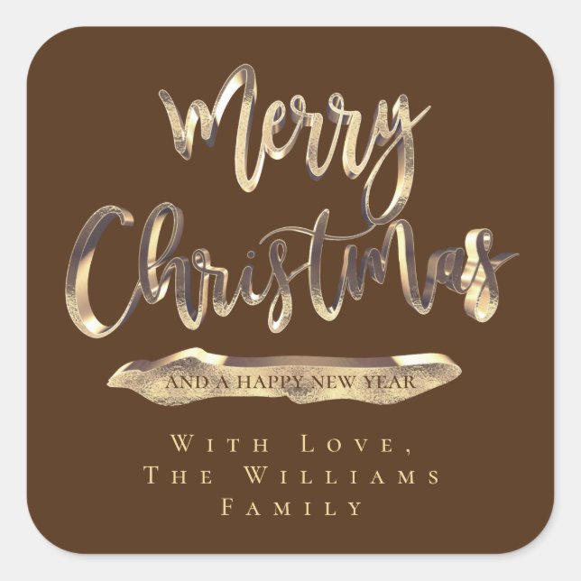 Merry Christmas Happy New Year Brown and Gold Chic Square Sticker (Front)