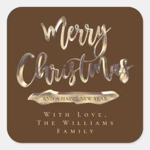 Merry Christmas Happy New Year Brown and Gold Chic Square Sticker