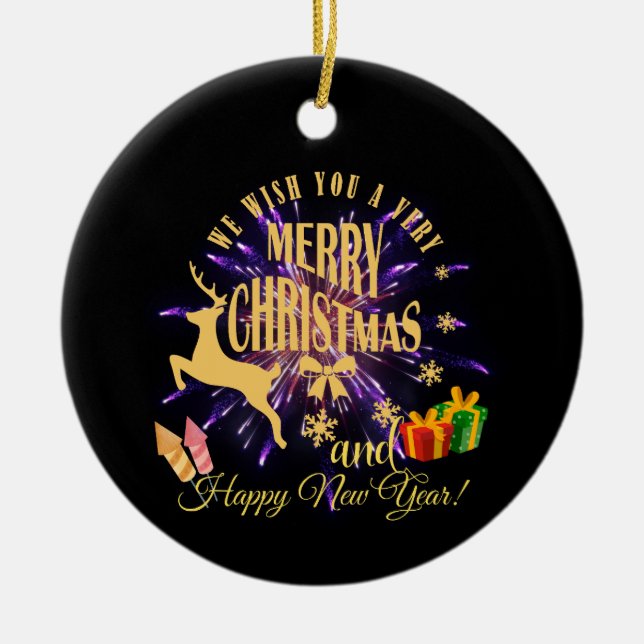 Merry Christmas Happy New Year  Ceramic Tree Decoration (Front)