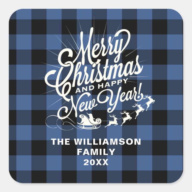 Merry Christmas Happy New Year Classic Blue Check Square Sticker (Front)