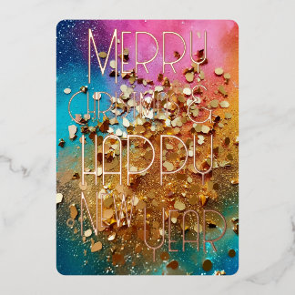 Merry Christmas Happy New Year Colourful Glitter Foil Holiday Card