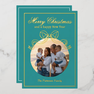 Merry Christmas Happy New Year Coquette Bow Photo Foil Holiday Card