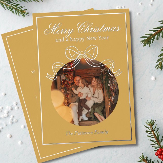 Merry Christmas Happy New Year Coquette Bow Photo Foil Holiday Card (Creator Uploaded)