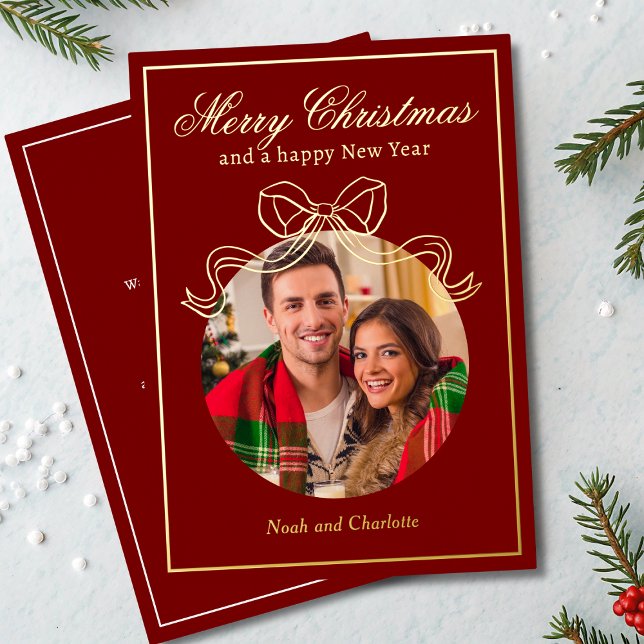 Merry Christmas Happy New Year Coquette Bow Photo Foil Holiday Card (Creator Uploaded)