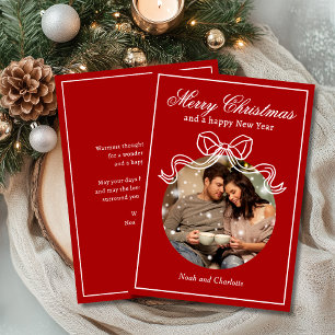 Merry Christmas Happy New Year Coquette Bow Photo Holiday Card