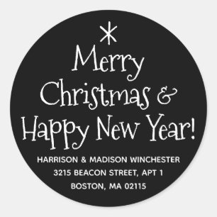 Merry Christmas Happy New Year cute address Classic Round Sticker