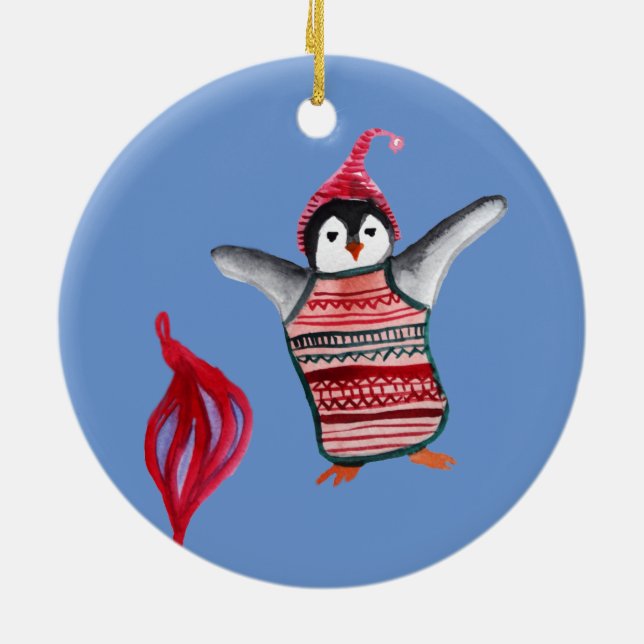 Merry Christmas, Happy New Year, Cute Penguin Art  Ceramic Tree Decoration (Back)