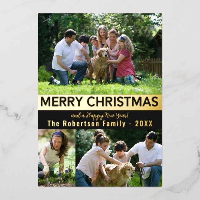 Merry Christmas Happy New Year Elegant Black Gold Foil Holiday Card (Front)