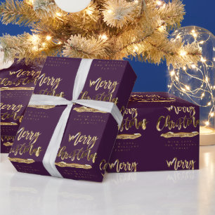 Merry Christmas Happy New Year Elegant Gold Purple Wrapping Paper